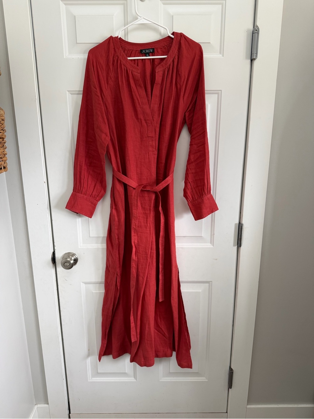J. Crew Crimson Red Long Sleeve Belted Maxi Dress - linen dress - Picture 2 of 6